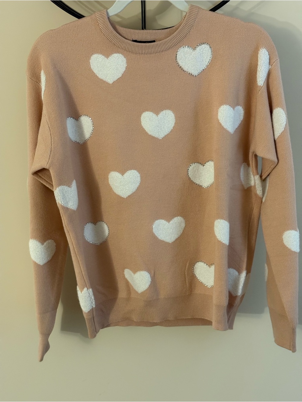 Heart Print Crewneck Sweater - Pink Cream